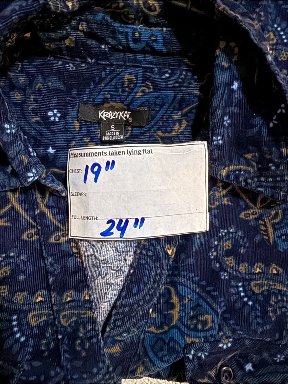 Krazy Kat blue paisley corduroy button up Size small - Picture 8 of 9